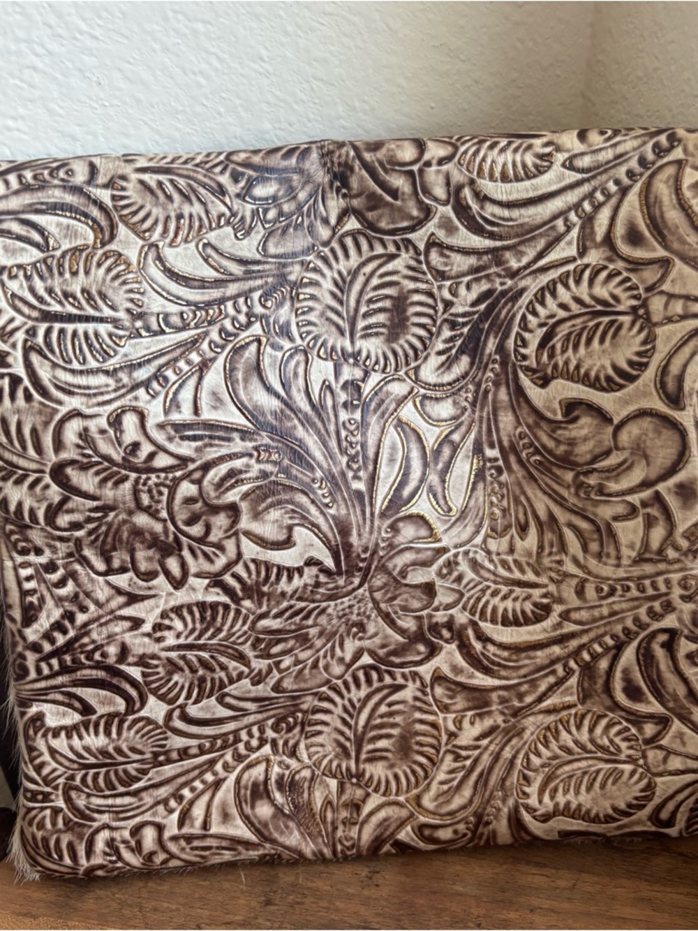 Handcrafted Brown and Cream Cowhide Crossbody Bag with Tooled Leather Flap - Picture 3 of 5